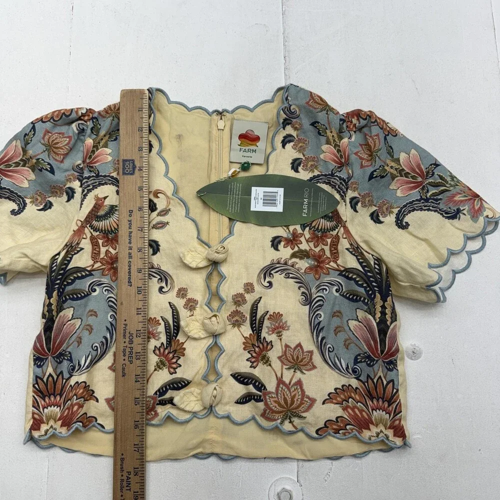 Farm Rio Top Womens M Multicoloured Linen Cropped Floral Blouse Scallop Hem